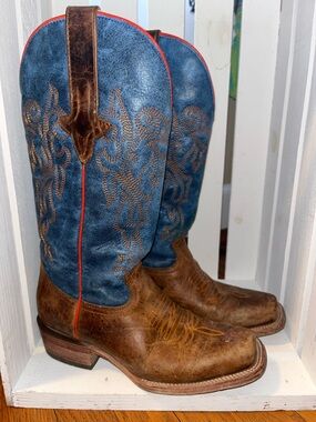 J.B. Dillon Blue and Brown Western Heeled Boots with Red Piping